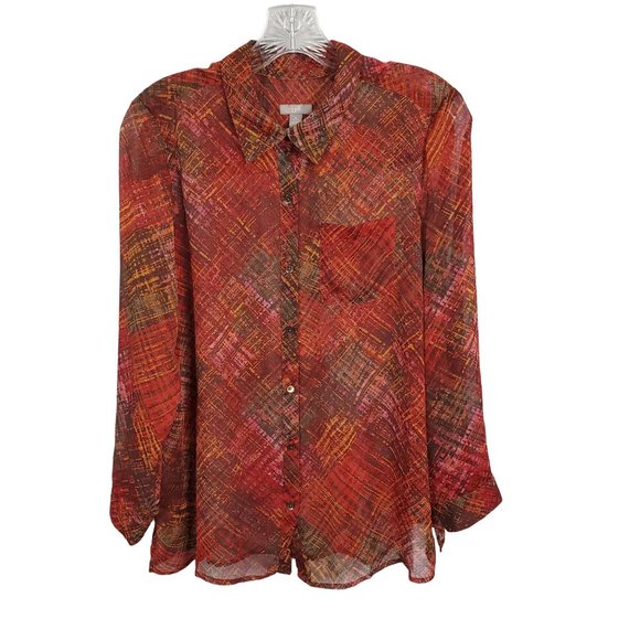 J Jill Size M Petite Blouse Semi Sheer Long Sleeve Button Front Shirt Red Orange - Picture 2 of 6